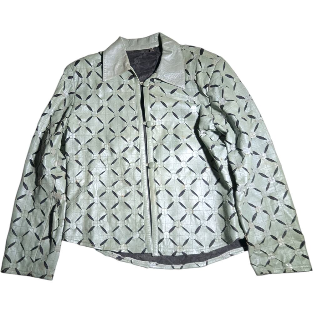 Vtg Y2K Daniel Pale Green Pearlescent Laser Cut Leather Button Up Jacket Sz L
